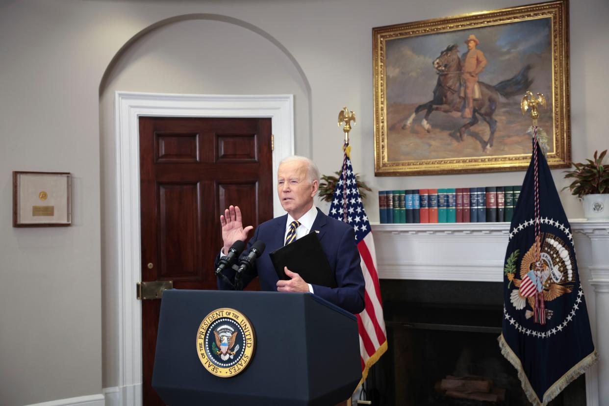 U.S. President Joe Biden speaks in the Roosevelt Room of the White House March 8, 2022, in Washington, DC. During his remarks, Biden announced a full ban on imports of Russian oil and energy products as an additional step in holding Russia accountable for its invasion of Ukraine.