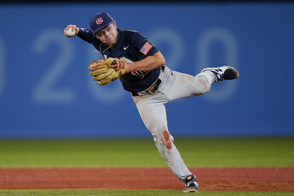 United States' Nick Allen throws during the third inning of a baseball game against Israel at the 2020 Summer Olympics, Friday, July 30, 2021, in Yokohama, Japan. (AP Photo/Sue Ogrocki)