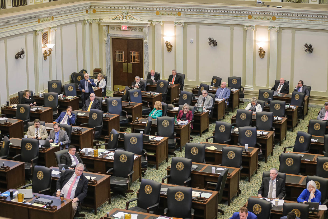 Rep. Justin Humphrey, R-Lane urges lawmakers to vote yes on House Bill 4327 during debate in the House of Representatives at the state Capitol Thursday, May 19, 2022.