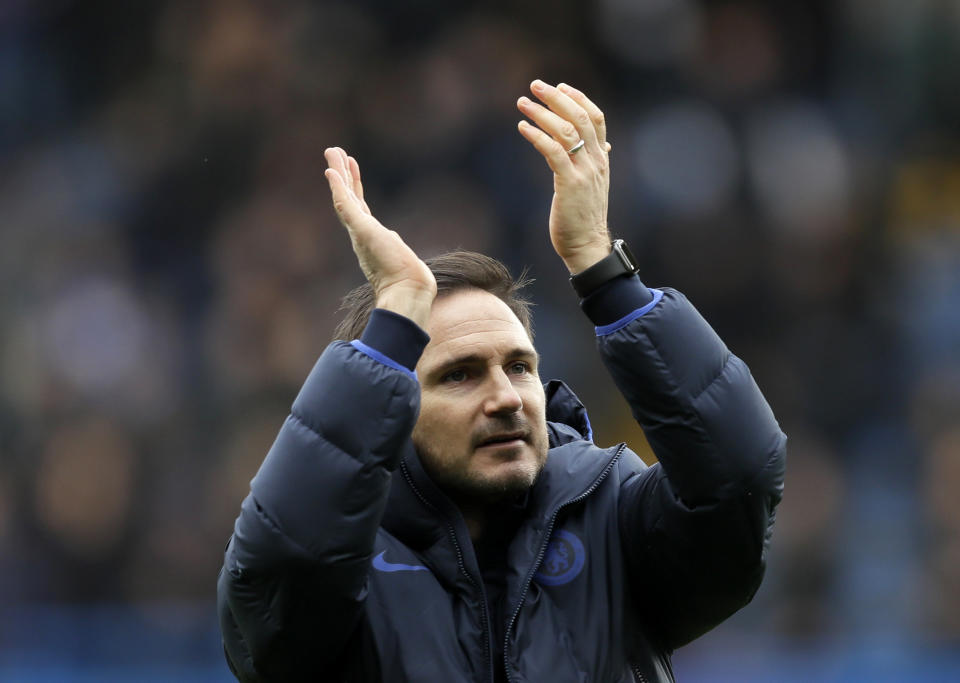 Chelsea Manager Frank Lampard celebrates his team winning their English Premier League soccer match against Tottenham Hotspur in London, England, Saturday, Feb. 22, 2020. (AP Photo/Kirsty Wigglesworth)