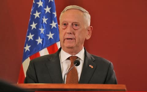 Jim Mattis, the US Defence Secretary, speaking in Skopje in Macedonia - Credit: Besar Ademi/Getty