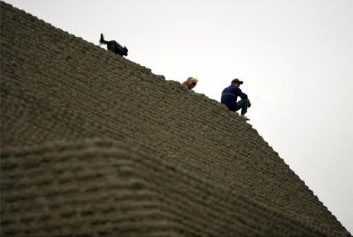 A man sits atop the Huallamarca archaeological site while taking his dogs for a walk in San Isidro, Lima. The Huallamarca huaca is a vast second century pyramid that today is enclosed by a park and museum