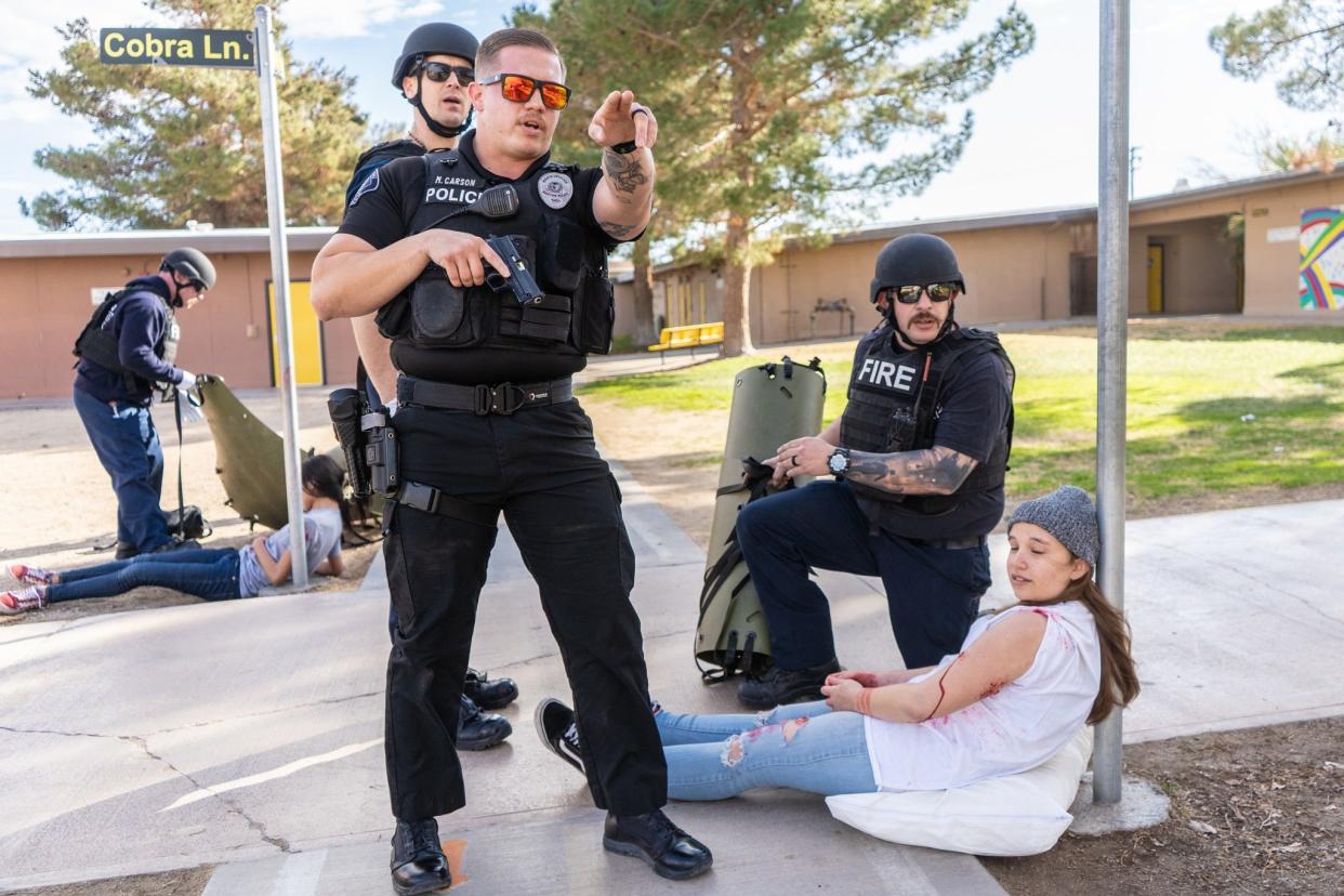 Barstow Police and fire officials descended on Crestline Elementary Schools on Thursday to conduct an active shooter and public safety training exercise.