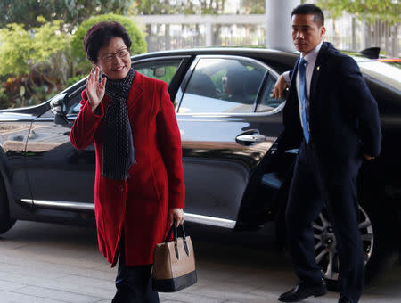 Newly elected Chief Executive Carrie Lam arrives to meet current leader Leung Chun-ying in Hong Kong, China March 27, 2017. REUTERS/Bobby Yip