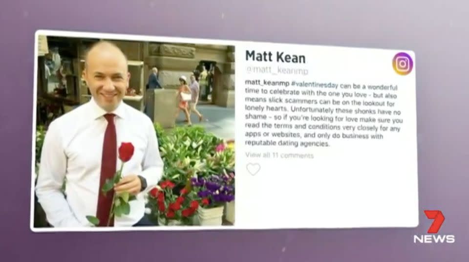 Matt Kean's Instagram post warning people against love scammers. Source: 7 News/Instagram