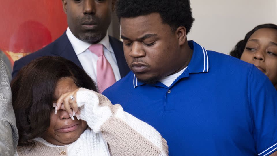Jessica Ross and Treveon Isaiah Taylor Sr. react during a news conference in Atlanta on Wednesday, February 7, 2024. - Ben Gray/The Atlanta Journal-Constitution/ZumaPress