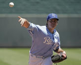 Kansas City Royals starting pitcher Zack Greinke throws during the first inning of a baseball game against the Texas Rangers Wednesday, June 29, 2022, in Kansas City, Mo. (AP Photo/Charlie Riedel)