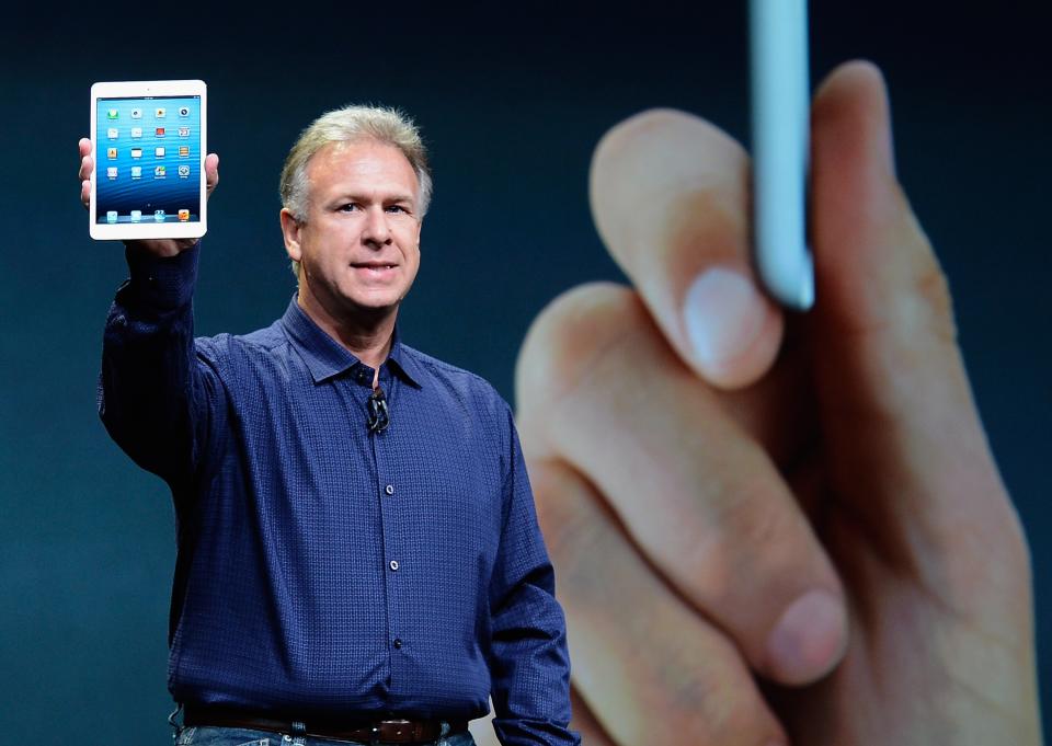 SAN JOSE, CA - OCTOBER 23: Apple Senior Vice President of Worldwide product marketing Phil Schiller announces the new iPad Mini during an Apple special event at the historic California Theater on October 23, 2012 in San Jose, California. The iPad Mini is Apple's smaller version of the iPad tablet. (Photo by Kevork Djansezian/Getty Images)