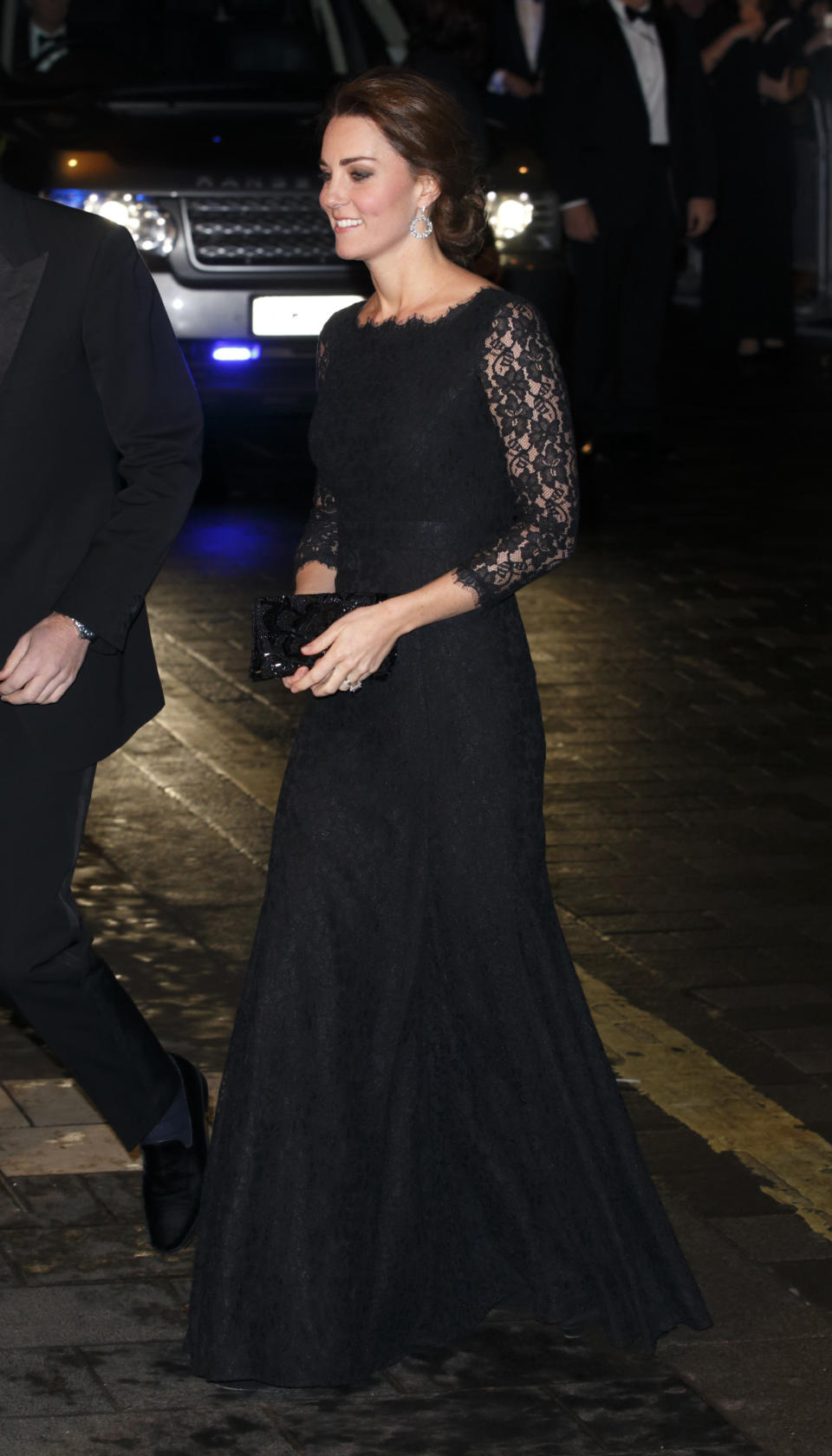 Middleton wore a DVF “Zarita” black lace dress to the Royal Variety Performance at the London Palladium.