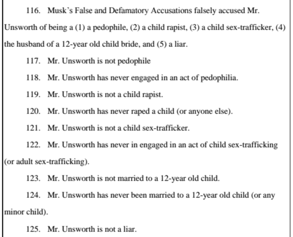 Part of the lawsuit filing against Musk. (Photo: Vernon Unsworth v Elon Musk)