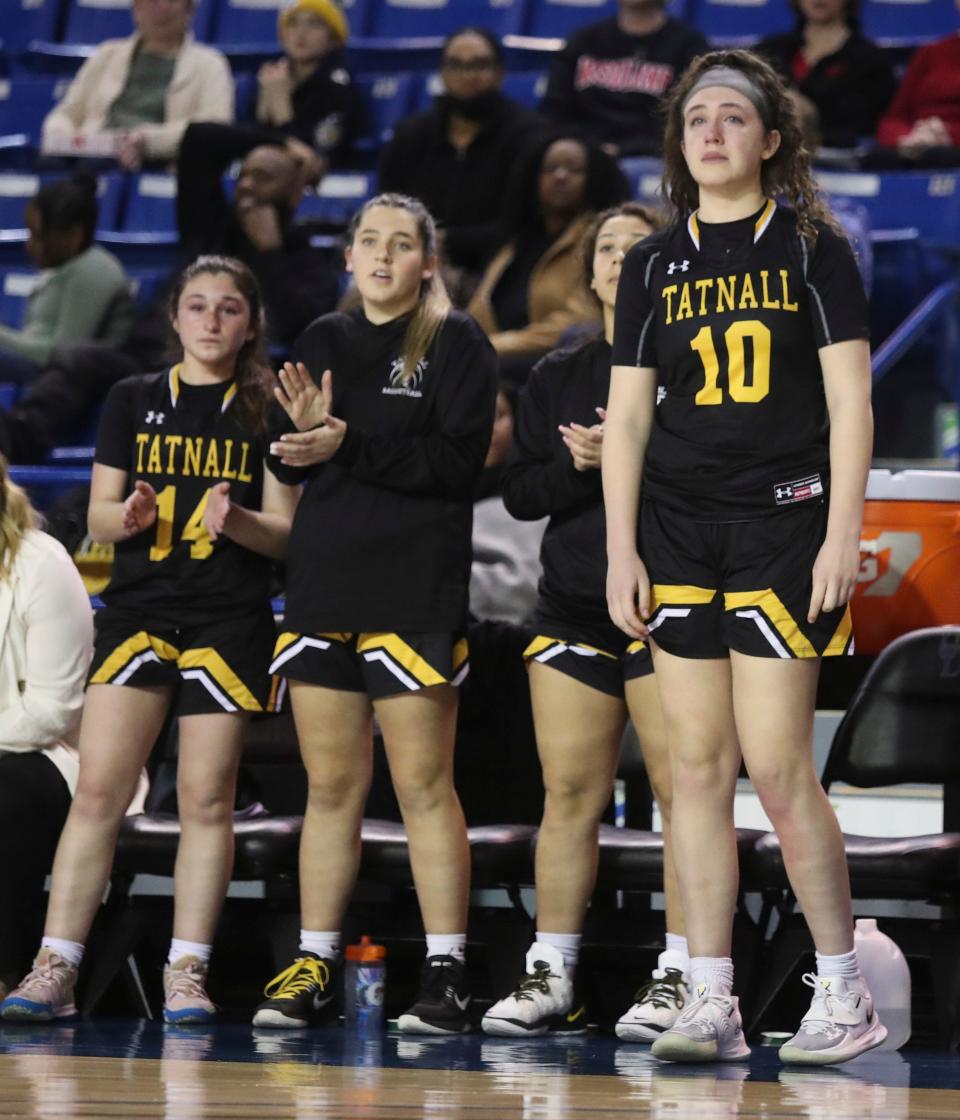 Tatnall's Emma Kirby is left watching the final moments after being injured in the first half and not returning in Caravel's 54-36 win in a DIAA state tournament seminal at the Bob Carpenter Center, Wednesday, March 9, 2022.