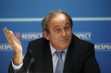 UEFA President Michel Platini attends a news conference after the draw for the 2015/2016 UEFA Europa League soccer competition at Monaco's Grimaldi Forum in Monte Carlo, Monaco August 28, 2015. REUTERS/Eric Gaillard -