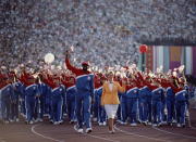 28 JUL 1984: THE UNITED STATES OLYMPIC TEAM MARCH THROUGH THE STADIUM DURING THE OPENING CEREMONY OF THE 1984 LOS ANGELES OLYMPICS.