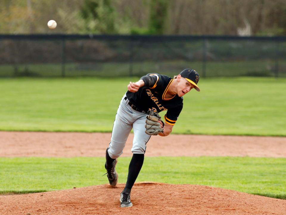 Brady Kaufman fires a pitch during Tri-Valley's 4-0 win against host New Lexington on April 19. Kaufman has been the anchor of a rotation that has led the Scotties to the top of the Muskingum Valley League-Big School Division.