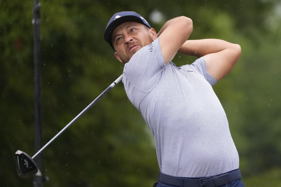 Xander Schauffele hits off the 7th tee during the second round of the PGA Zurich Classic golf tournament at TPC Louisiana in Avondale, La., Friday, April 21, 2023. (AP Photo/Gerald Herbert)