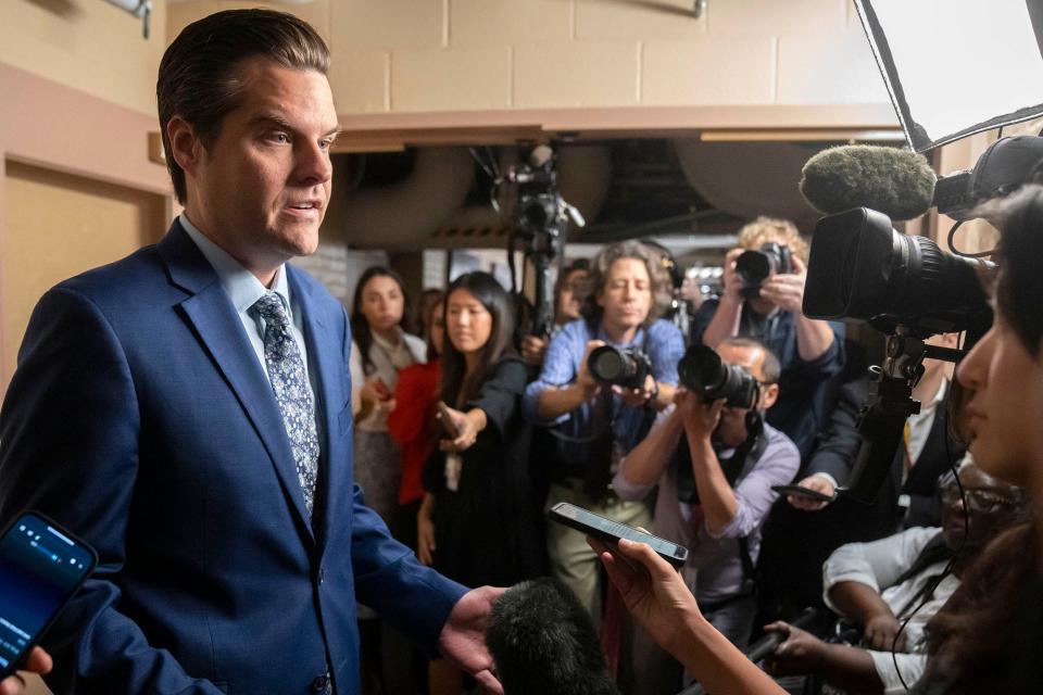 Rep. Matt Gaetz, R-Fla., speaks to reporters before removing Speaker of the House Kevin McCarthy, R-Calif., from his leadership role Tuesday at the Capitol in Washington. McCarthy was removed by a motion to vacate in a 216-210 vote.