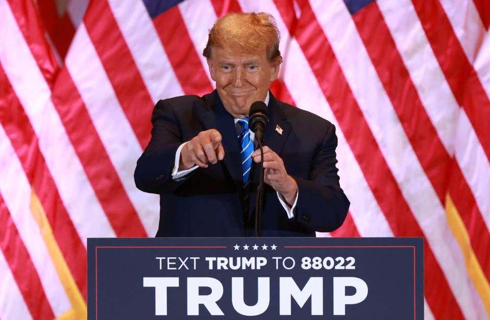 Republican presidential candidate, former President Donald Trump speaks at an election-night watch party at Mar-a-Lago on March 05, 2024 in Palm Beach, Florida. Sixteen states are holding primaries and caucuses today as part of Super Tuesday.