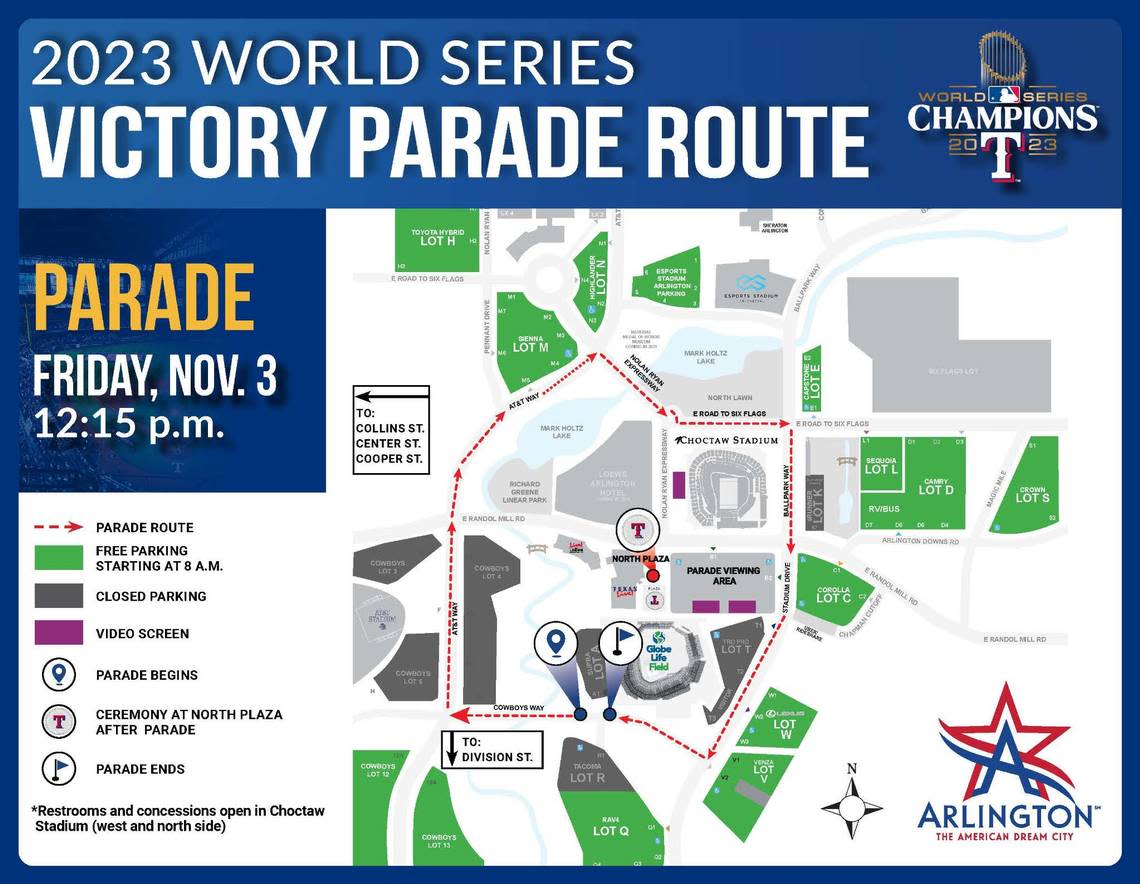 This is an updated parade route for the Texas Rangers victory celebration on Friday.