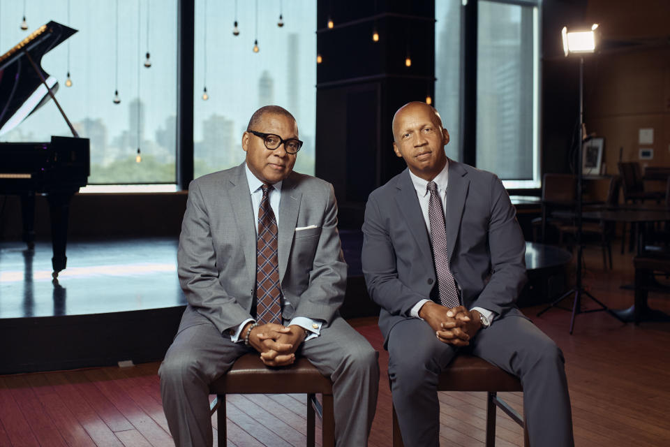 Pulitzer Prize-winning jazz artist Wynton Marsalis, left, and Bryan Stevenson, founder and executive director of the Equal Justice Initiative, right, pose for a photograph on Thursday, June 13, 2024, in New York. (AP Photo/Andres Kudacki)