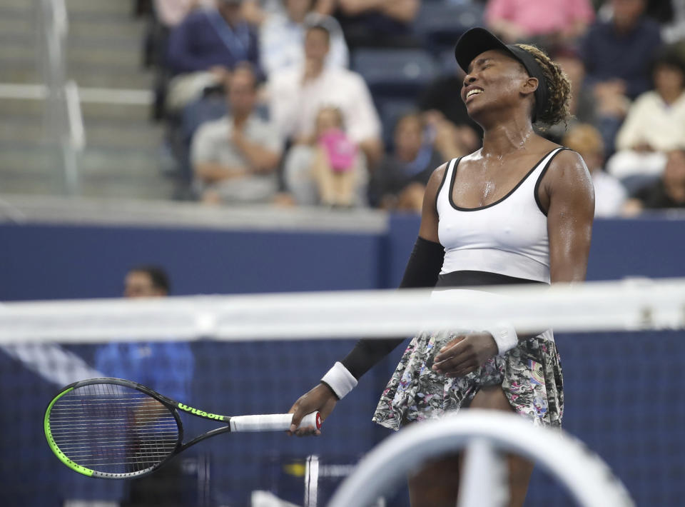 Venus Williams, of the United States, reacts after losing a point to Elina Svitolina, of Ukraine, during the second round of the US Open tennis championships Wednesday, Aug. 28, 2019, in New York. (AP Photo/Michael Owens)