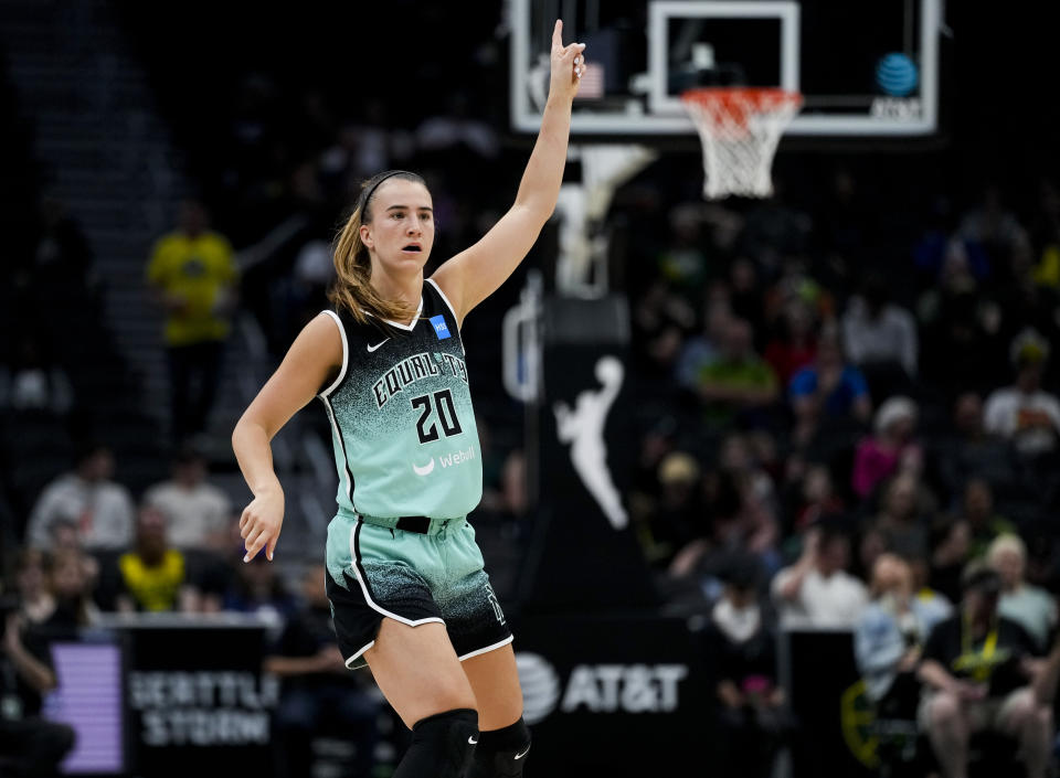 New York Liberty guard Sabrina Ionescu stunned the 3-Point Contest field with a record-setting performance. (AP Photo/Lindsey Wasson)