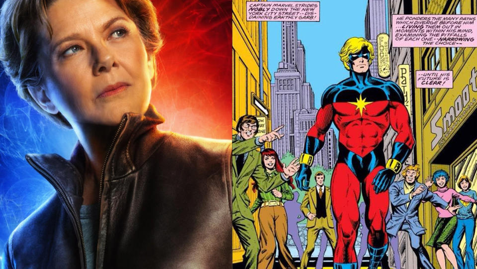 Annette Bening as Mar-Vell, and her male comics counterpart.