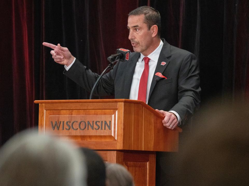 New Wisconsin head football coach Luke Fickell speaks at a welcome event Monday, November 28, 2022, at Camp Randall Stadium in Madison, Wis. He was previously head coach for six seasons at Cincinnati.



MARK HOFFMAN/MILWAUKEE JOURNAL SENTINEL