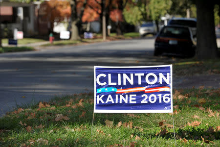 An election sign supporting U.S. Democratic presidential nominee Hillary Clinton stands along a residential street in Atchison, Kansas October 21, 2016. REUTERS/Dave Kaup