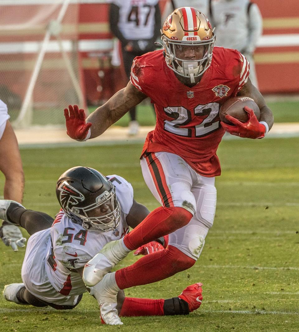 San Francisco running back Jeff Wilson Jr. gets away from a defender on Dec. 21, 2021, at Levi's Stadium in Santa Clara, California. The 49ers defeated the Falcons 31-13.