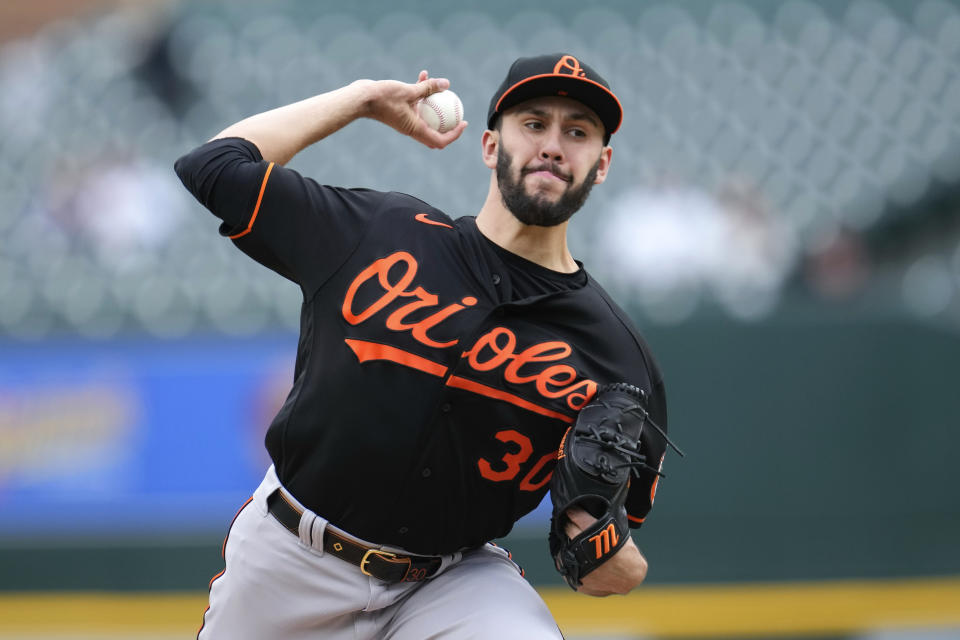 Baltimore Orioles pitcher Grayson Rodriguez throws against the Detroit Tigers in the first inning during the second baseball game of a doubleheader, Saturday, April 29, 2023, in Detroit. (AP Photo/Paul Sancya)