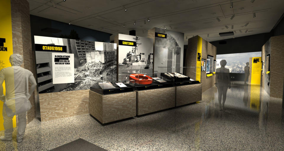In this artist's rendering provided by C&G Partners, the exhibit "Revealed: The Hunt for Bin Laden," is shown at the National September 11 Museum in New York. Newly declassified U.S. government artifacts are part of the exhibit, opening Nov. 15, 2019, that traces the decade-long, secret search for Osama bin Laden at the site of the New York terrorist attack he commandeered. (C&G Partners via AP)