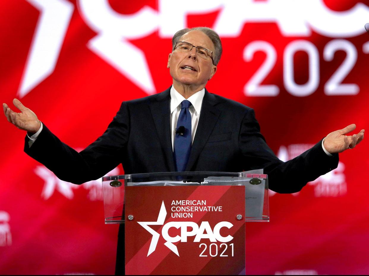 <p>Wayne LaPierre, executive vice president of the National Rifle Association, at CPAC 2021</p> (Reuters)