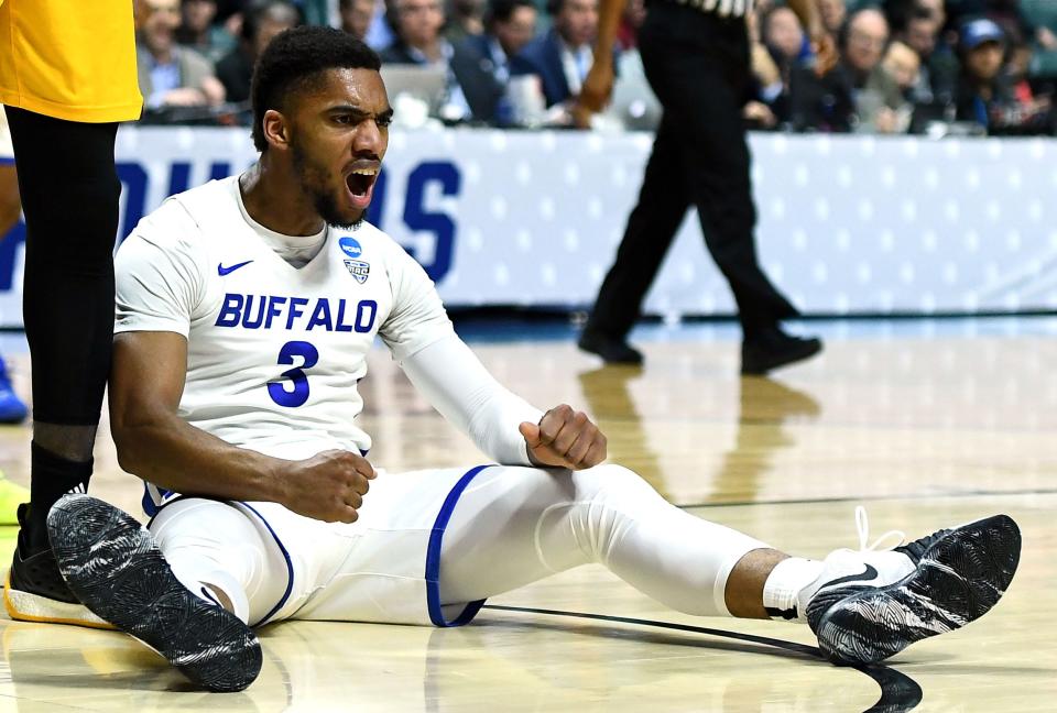 Buffalo's Jayvon Graves reacts after being fouled while playing Arizona State in a first-round game of the 2019 NCAA Men's Basketball Tournament on March 22, 2019, in Tulsa, Oklahoma.