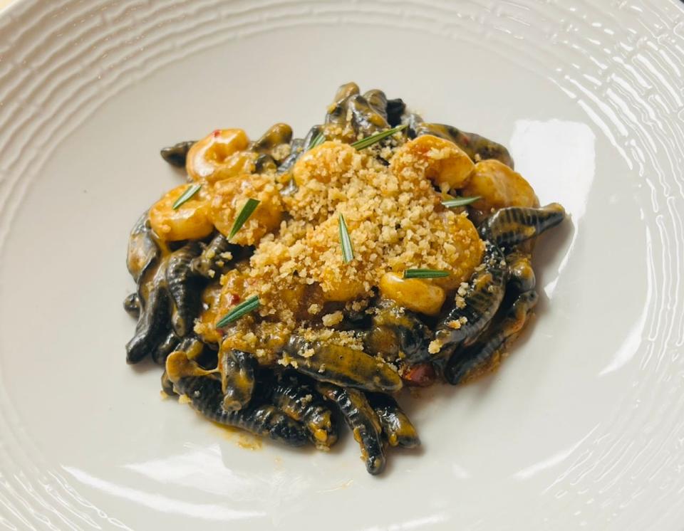 Squid ink cavatelli with baby shrimp, Calabrian chili and rosemary at Il Nido in Marlboro.