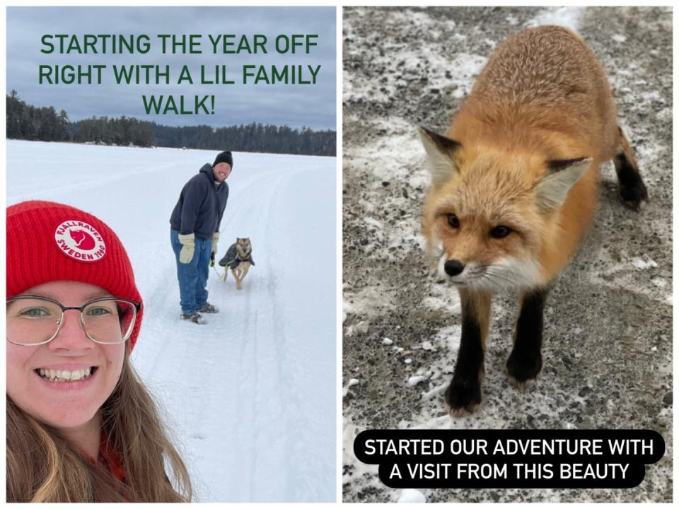 On the left, the couple and dog walking. On the right, a fox.