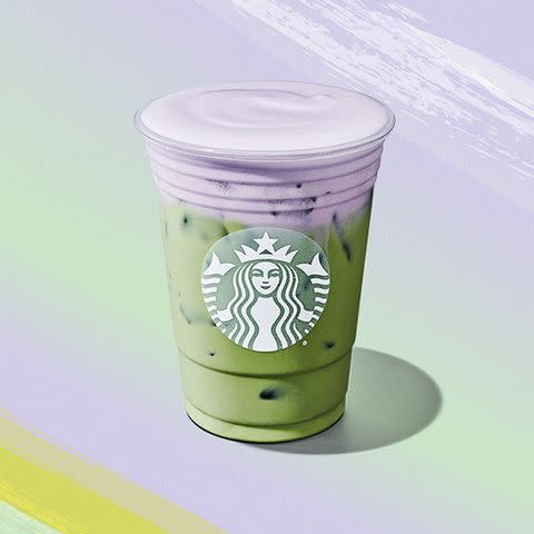 <p>Starbucks</p> The new Iced Lavender Cream Oatmilk Matcha from Starbucks