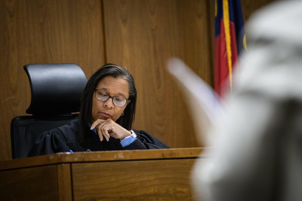 Judge Gale Adams listens while presiding over Sgt. Tiara Vinson’s plea hearing at the Cumberland County Courthouse on Wednesday, Aug. 30, 2023. Vinson pleaded guilty to second-degree murder and discharging a weapon into an occupied vehicle in the May 7, 2021, death of Spc. Kelia Olivia Horton.