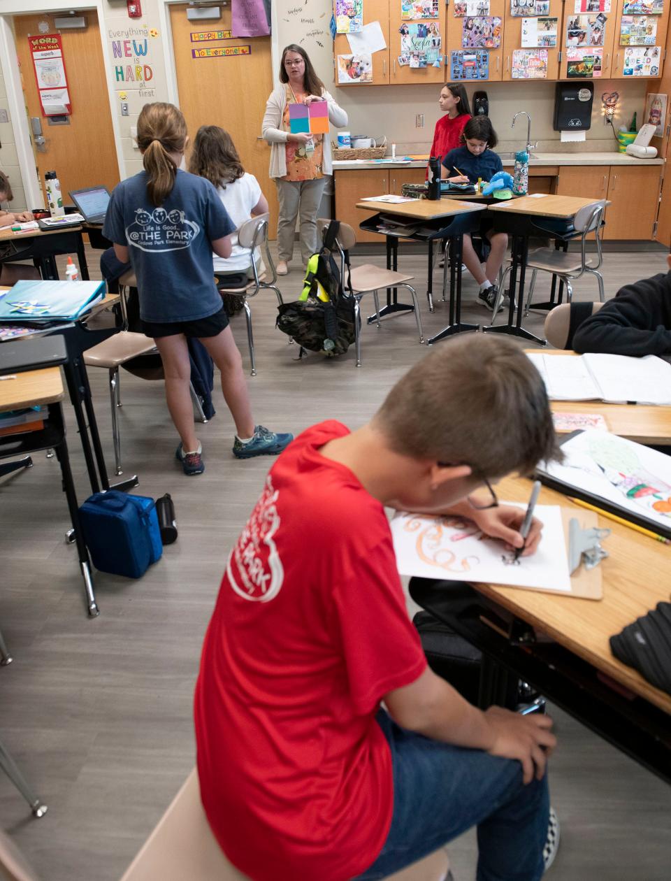 Cordova Park teacher Julie Glucroft instructs her fifth-grader class on Thursday, Nov. 16, 2023. Cordova Park is one of two Escambia County Public Schools that will add sixth-grade classes to its offering in the 2024-25 school year.