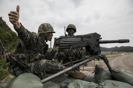 South Korean marines take part in a military exercise on South Korea's Baengnyeong Island, near the disputed sea border with the north, in this handout picture provided by South Korean Marine Corps and released by Yonhap, September 7, 2017. South Korean Marine Corps/Yonhap via REUTERS