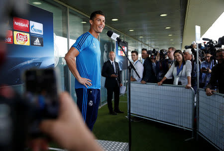 Football Soccer - Real Madrid Preview - Valdebebas, Madrid, Spain - 24/5/16. Real Madrid's Cristiano Ronaldo answers questions to reporters after a training session. REUTERS/Andrea Comas