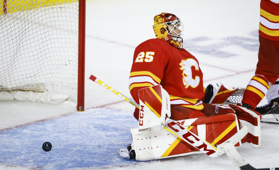 Calgary Flames goalie Jacob Markstrom reacts to letting in the game-winning overtime goal by the Edmonton Oilers in Game 5 of an NHL hockey second-round playoff series Thursday, May 26, 2022, in Calgary, Alberta. (Jeff McIntosh/The Canadian Press via AP)