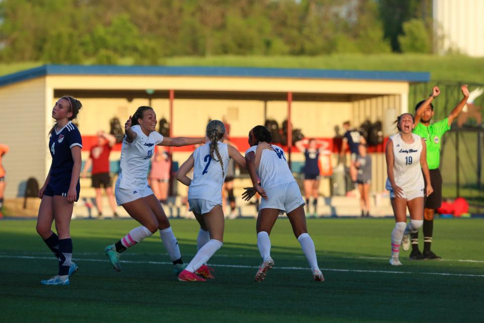 Washburn Rural celebrates after Erika Bovell's game-winning goal in the final two minutes of play against Seaman on Thursday, May 9. Washburn Rural defeated Seaman 1-0.