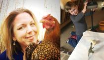 <p>Photographer Alexandra Daley-Clark with her chicken, Godie; and at right, Alex’s son and photo assistant, Cal. (Photos courtesy: Alexandra C. Daley-Clark/sillychickens.com) </p>