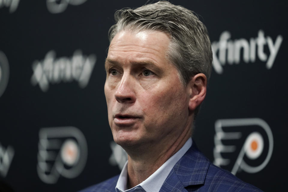 Philadelphia Flyers general manager Chuck Fletcher speaks during a news conference at the team's NHL hockey practice facility, Wednesday, Jan. 26, 2022, in Voorhees, N.J. The Flyers have lost a team-record 13 straight games. (AP Photo/Matt Rourke)