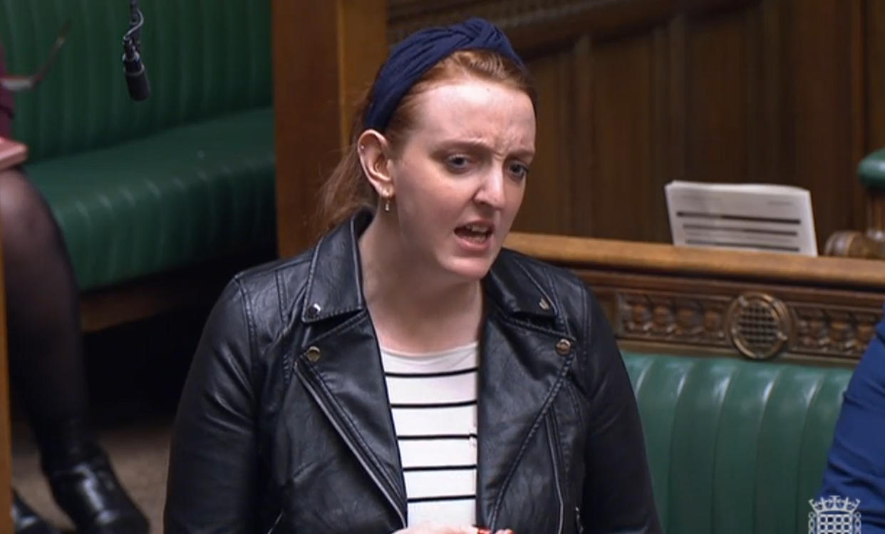 Charlotte Nichols in the House of Commons, Westminster, asking an urgent question over the lockdown-busting Downing Street drinks party allegedly attended by Boris Johnson and his wife Carrie. Police are in contact with the Cabinet Office over claims that Martin Reynolds, a senior aide to the Prime Minister, organised a 
