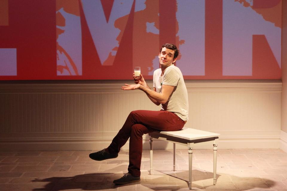 This theater image released by Richard Kornberg & Associates shows Michael Urie during a performance of "Buyer & Cellar," in New York. The Juilliard-trained Urie plays a struggling actor who lands a job as a clerk in an underground mall of quaint shops. (AP Photo/Richard Kornberg & Associates, Sandra Coudert)