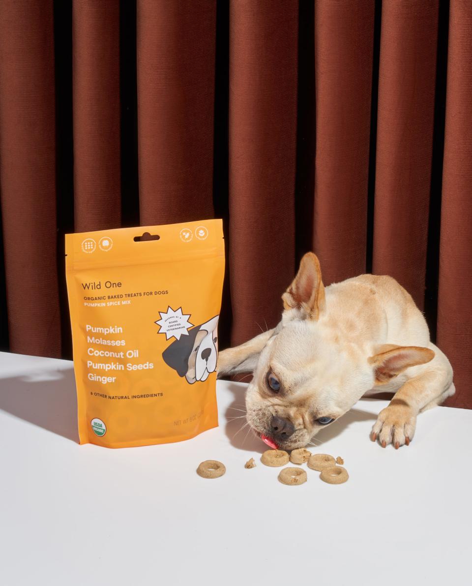 Wild One Pumpkin Spice Baked Treats for your dog are  made with made with organic pumpkin, pumpkin seeds, ginger and molasses. Each 8 oz. bag ($8) contains about 60 treats.