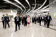 Carrie Lam, Hong Kong's chief executive, and Ma Xingrui, governor of Guangdong Province, walk during a tour in the Hong Kong Port Area at West Kowloon Station, which houses the terminal for the Guangzhou-Shenzhen-Hong Kong Express Rail Link (XRL), developed by MTR Corp., in Hong Kong, China, September 22, 2018. Giulia Marchi/Pool via REUTERS