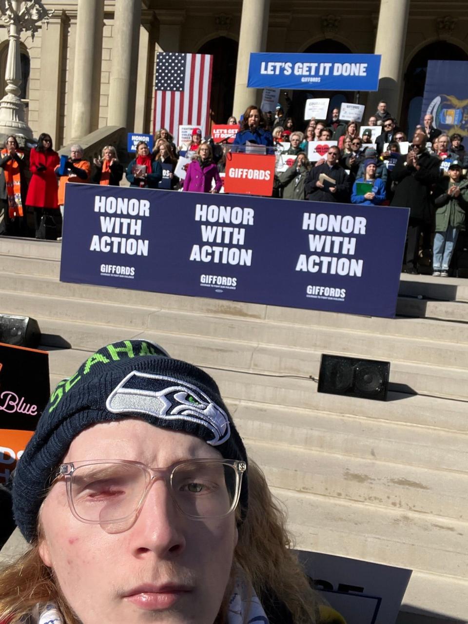 Guy Boyd at the Michigan Capitol on March 15, 2023 for Gov. Gretchen Whitmer and former Congresswoman Gabby Giffords' rally for gun violence prevention legislaiton.