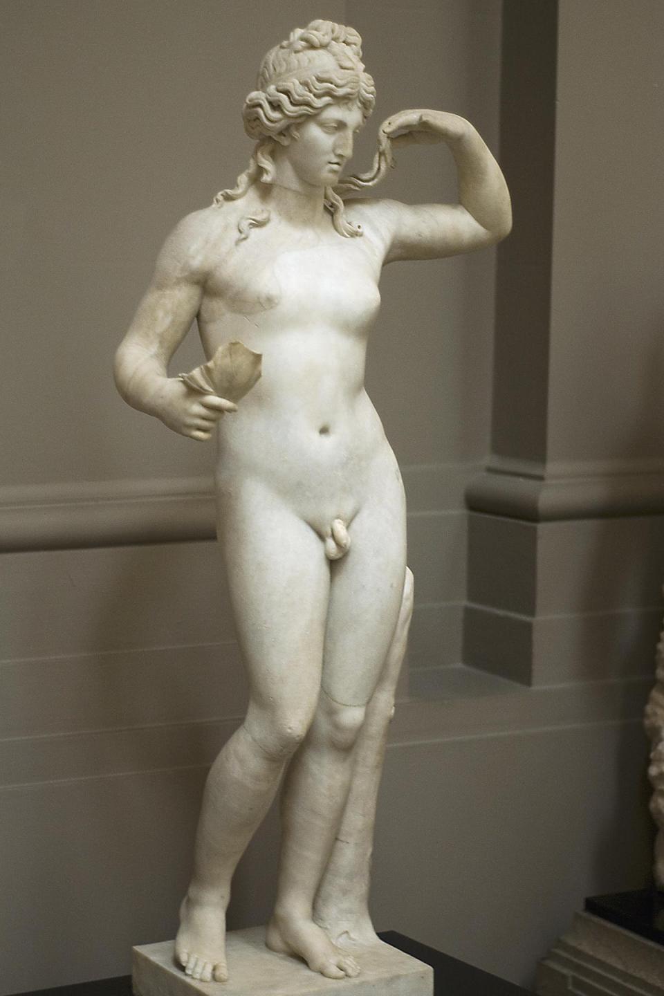 Statue d’Hermaphrodite, marbre, Iᵉʳ siècle apr. J.-C. National Museums, Liverpool. <a href="https://de.wikipedia.org/wiki/Hermaphroditismus#/media/Datei:Hermaphroditus_lady_lever.jpg" rel="nofollow noopener" target="_blank" data-ylk="slk:Wikimedia;elm:context_link;itc:0;sec:content-canvas" class="link ">Wikimedia</a>